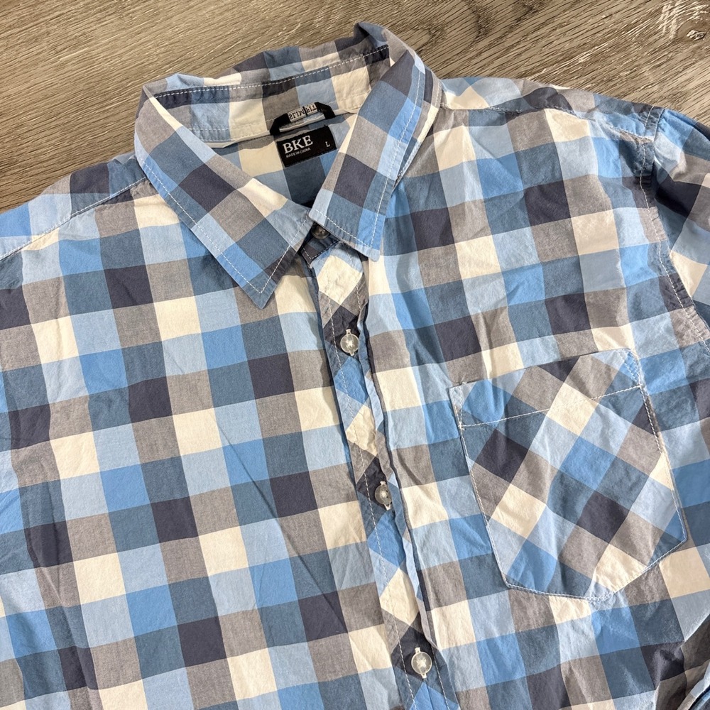 BKE Slim Fit Mens Blue White Buffalo‎ Plaid Button Down Long Sleeve Shirt Large